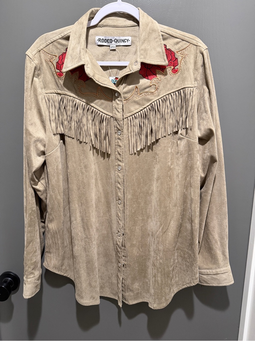 Rodeo Quincy Women's Tan Fringe Button Down with Red Embroidery